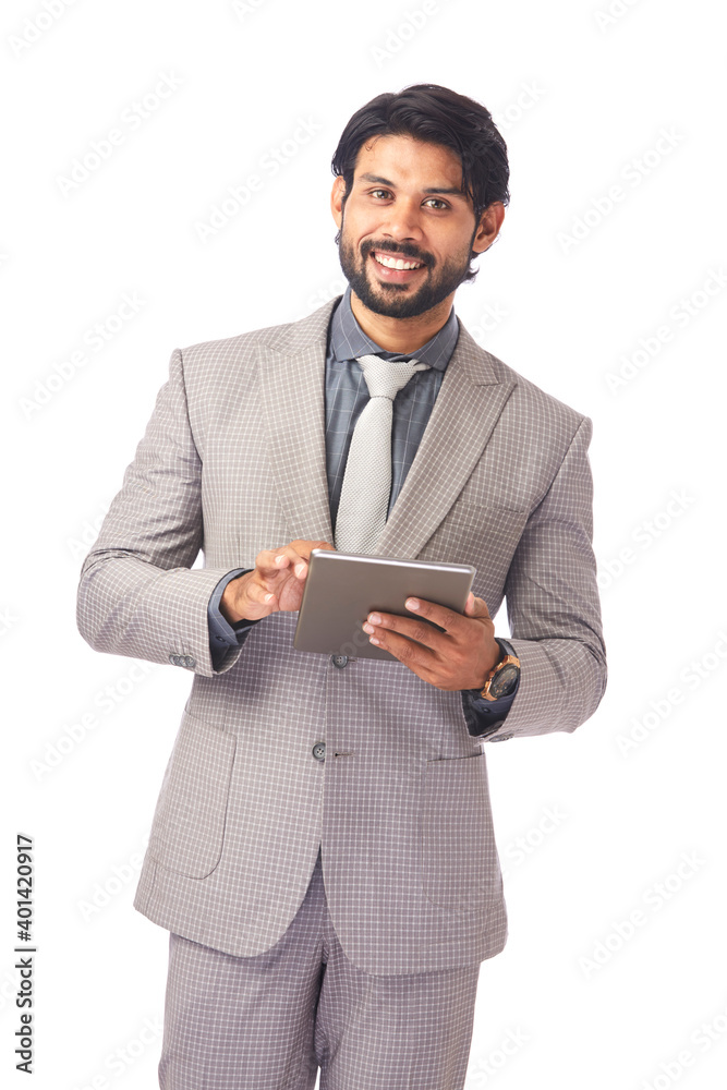 Young businessman with tablet computer on white. Young businessman with tablet computer on white.