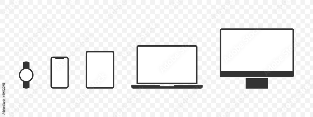 Mock-up devices set. Electronic gadgets. Computer monitor, Laptop, Tablet, Phone and watch. Vector illustration