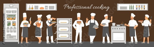 Professional cooking banner with restaurant chefs flat vector illustration.