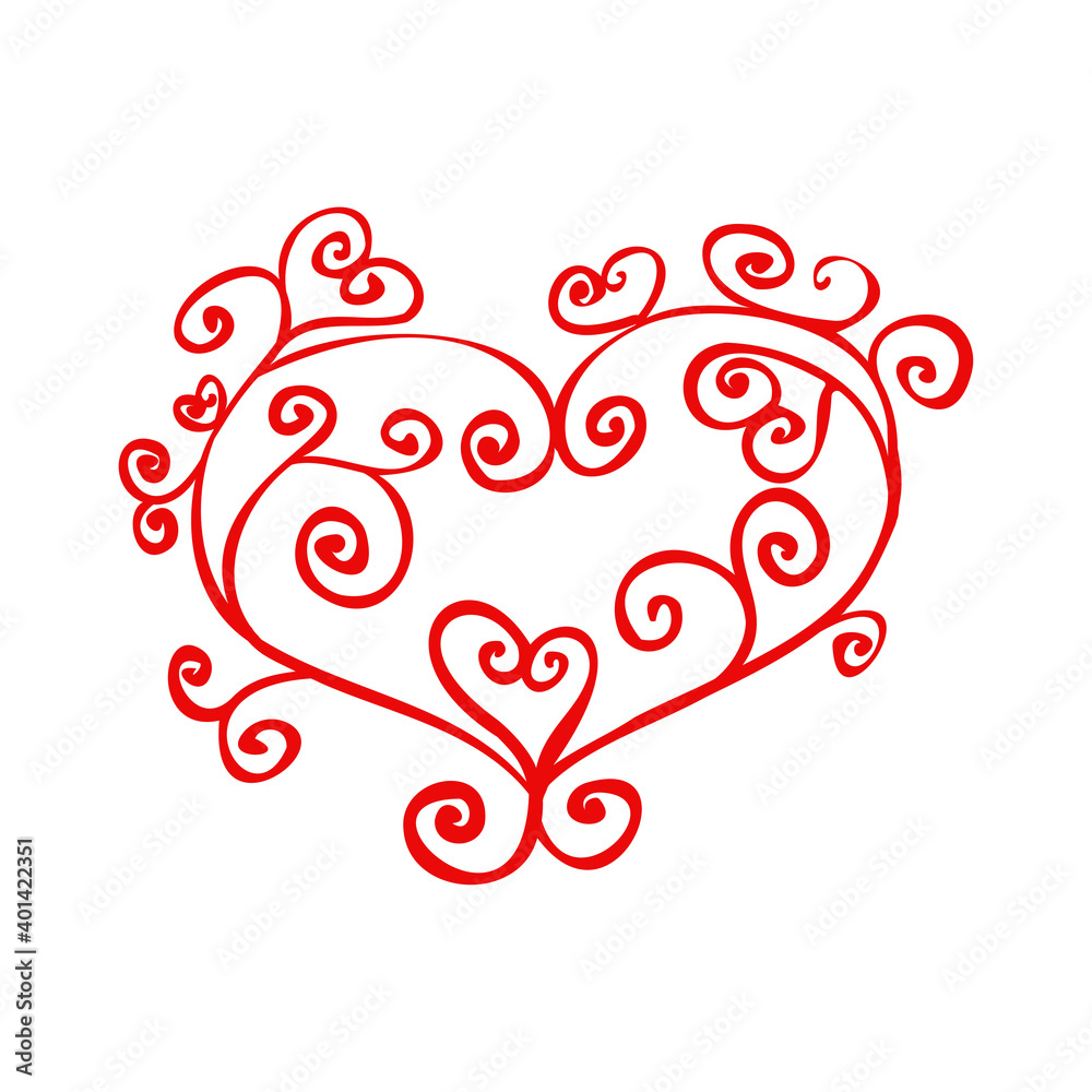 Vector openwork red heart with curls in doodle style. Valentines day and wedding design. Icon, flyer, banner, invitation. Vector openwork red heart with curls in doodle style. Valentines day and wedding design. Icon, flyer, banner, invitation.