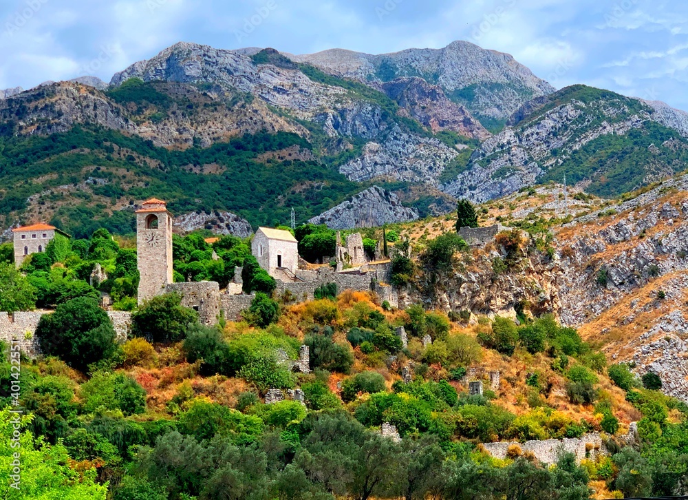 Ancient fortress citadel in old town Bar Montenegro, Dinaric Alps mountains, scenic historical landscape.
