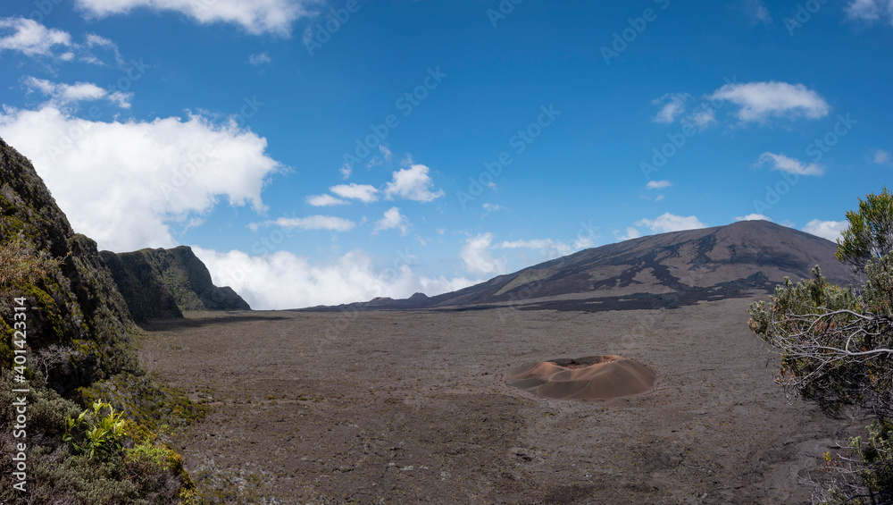 Crater on the volcanic landscape of Piton de la Fournaise, the active volcano of Reunion island, France, tropical Europe. Crater on the volcanic landscape of Piton de la Fournaise, the active volcano of Reunion island, France, tropical Europe.