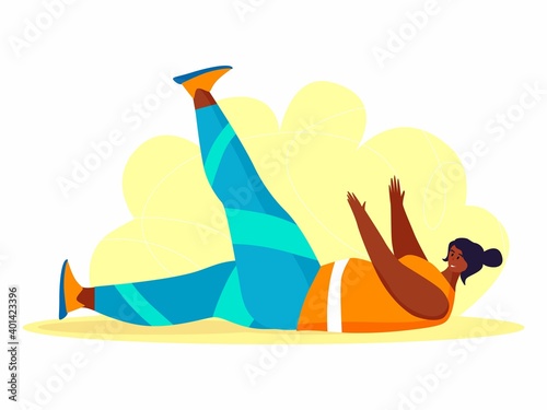 A young african american obese woman doing exercise. A girl working in sweat to get rid of belly fat.