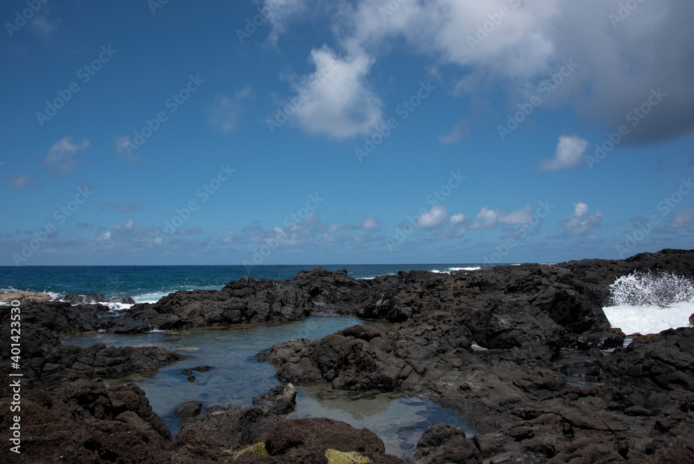 Volcanic shoreline landscape in the tropical Reunion island, more natural eastern region, France, Tropical Europe. Volcanic shoreline landscape in the tropical Reunion island, more natural eastern region, France, Tropical Europe.