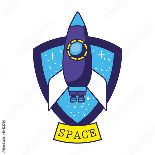 badge with spaceship in it and space lettering over a white background photo