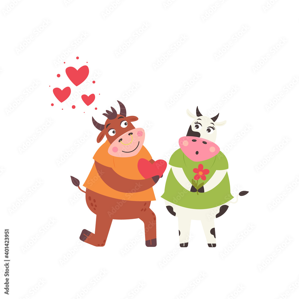 Fototapeta premium Bull marries a cow. Love couple farm animals. Modern vector