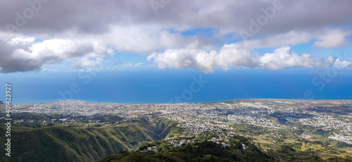 Panoramic view over Saint-Denis from Adam peak in Reunion Island, France.