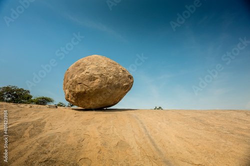 Krishna's butterball, the giant natural balancing rock in Mahabalipuram, Tamil Nadu, India