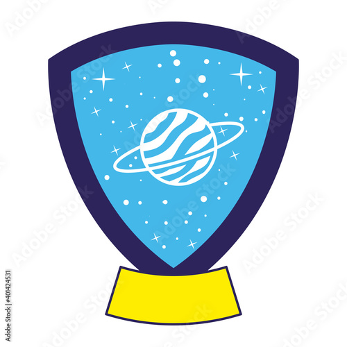 emblem with saturn in it over a white background