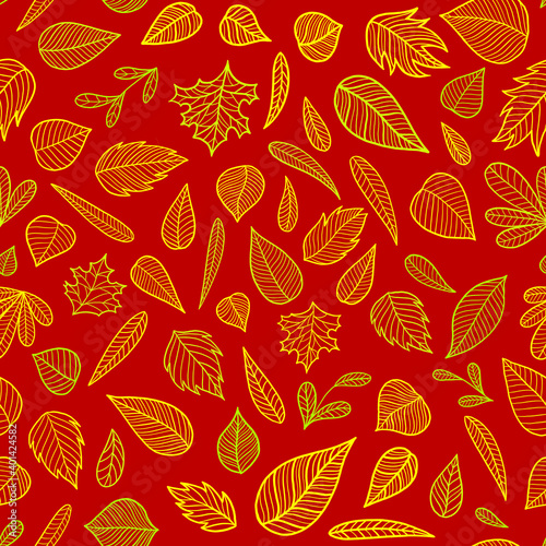 Seamless red and yellow pattern with leaves. Illustration for wallpaper, pattern fills, fabric textile, wrapping paper, surface, textures, invitation cards. Pattern on red background. © Daniella