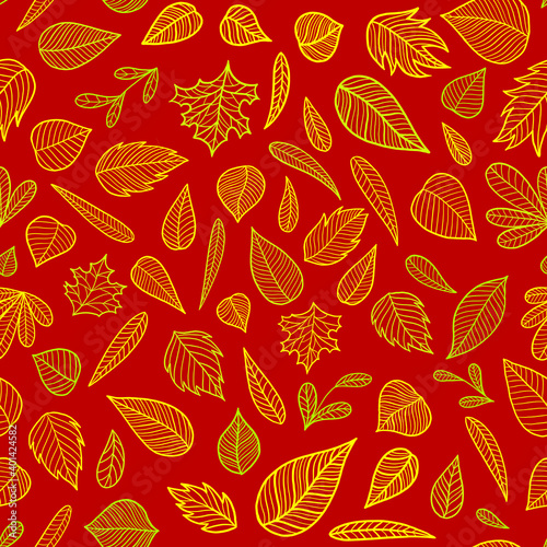 Seamless red and yellow pattern with leaves. Illustration for wallpaper, pattern fills, fabric textile, wrapping paper, surface, textures, invitation cards. Pattern on red background.