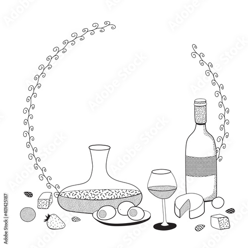 Doodle cartoon hipster style black and white vector illustration. A still life ring frame with wine glass, decanter, bottle and appetizers. Bar restaurant menu ads, poster, card or sticker