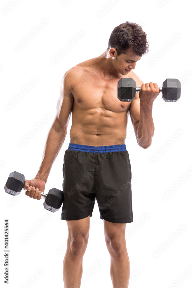 muscular young man lifting weights for biceps curl isolated on white muscular young man lifting weights for biceps curl isolated on white