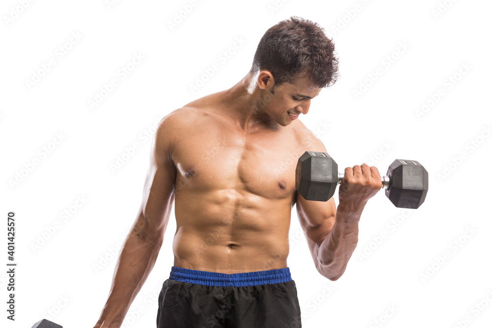muscular young man lifting weights for biceps curl isolated on white