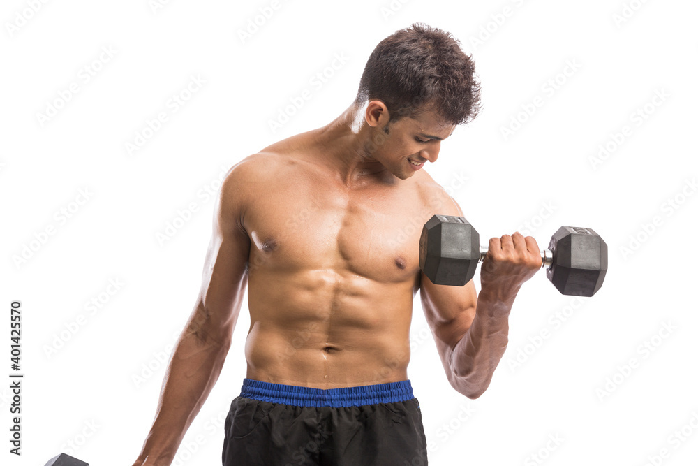 muscular young man lifting weights for biceps curl isolated on white muscular young man lifting weights for biceps curl isolated on white