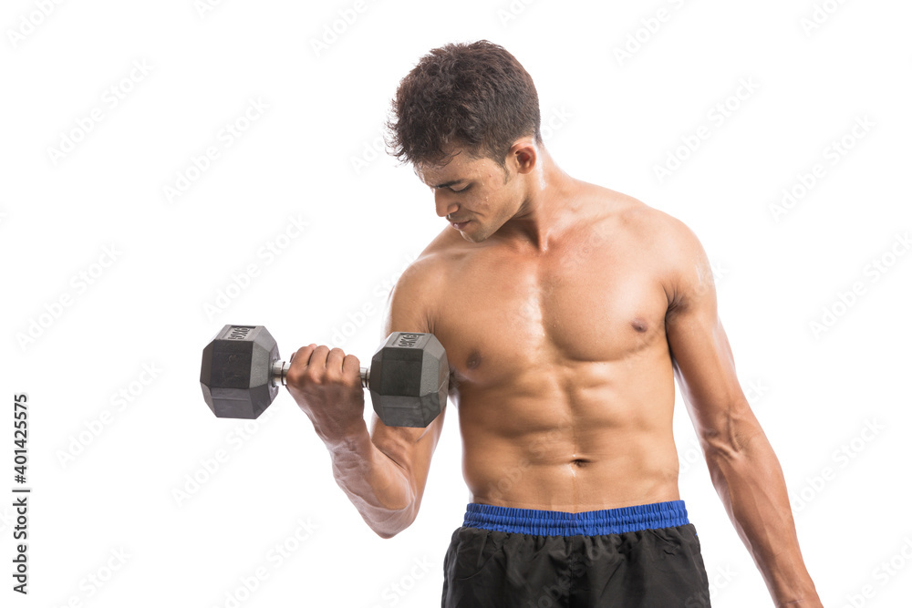 muscular young man lifting weights for biceps curl isolated on white