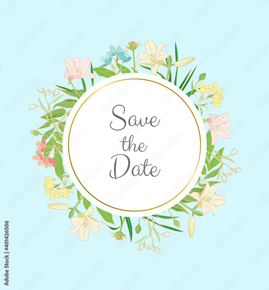 Greeting card with beautiful flowers. Wedding invitation save the date in circle. - Vector