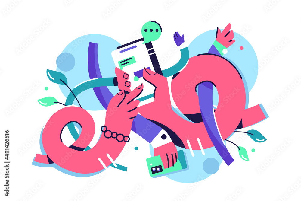 Hands intertwined in flat style, female hand holding phone with chat, confusion isolated on white background, flat vector illustration Hands intertwined in flat style, female hand holding phone with chat, confusion isolated on white background, flat vector illustration
