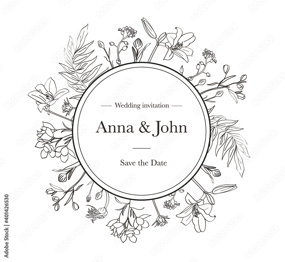 Beautiful elegant wedding invitation with outline graphic flowers and leaves and text in circle. - Vector