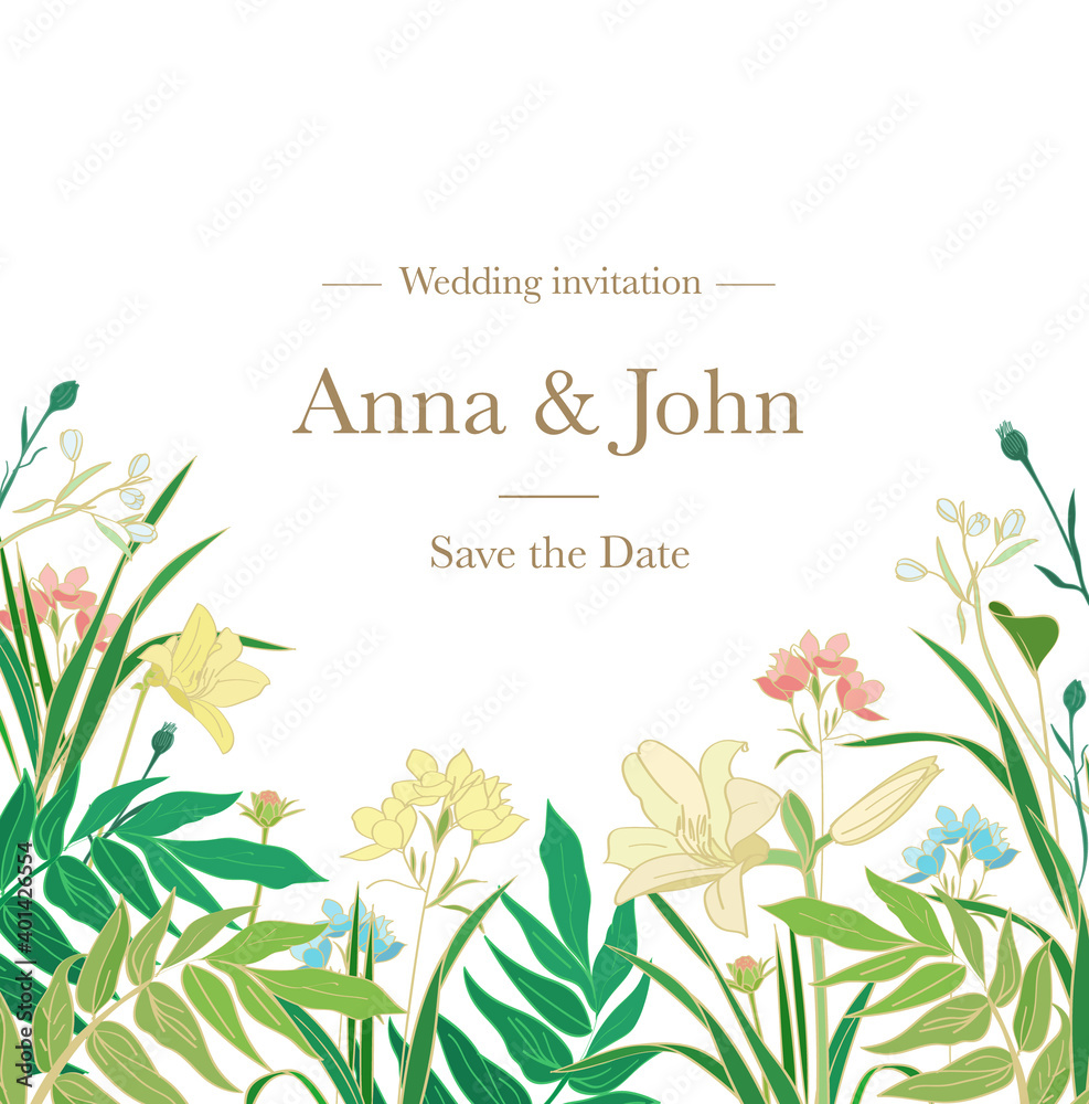 Obraz Beautiful wedding invitation with different vector plants and flowers on white background