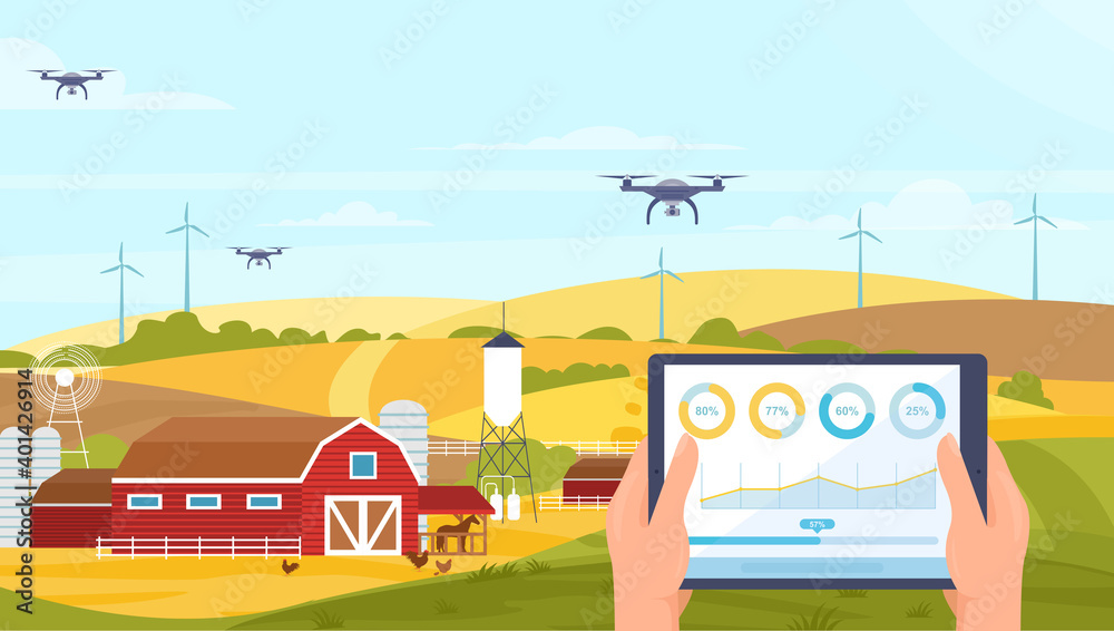 Agriculture innovation farm technology, cartoon hands with tablet for smart farming