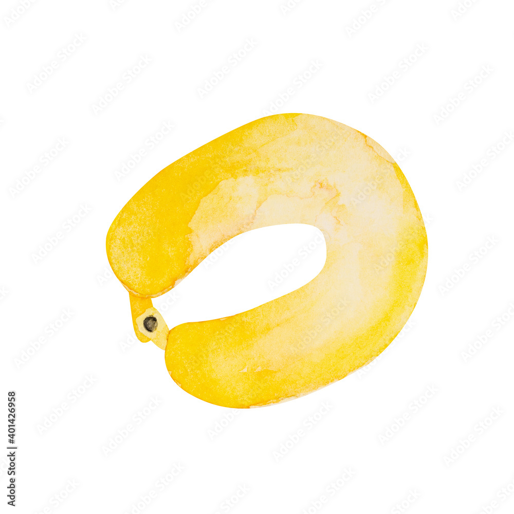 Directly above view of watercolor illustration of yellow neck pillow, hand painted on paper, isolated on white background