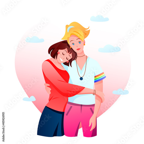 Lesbian couple LGBT vector illustration, cartoon flat happy homosexual lovers, romantic girls hugging on date concept isolated on white