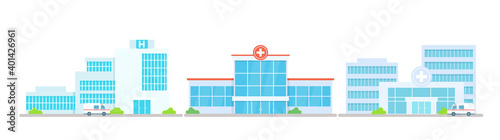 Hospital building medical office set, cartoon modern medicine clinic skyscrapers