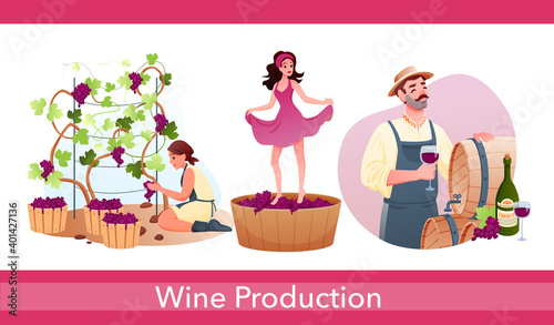 Wine production in traditional winery set with characters produce natural alcohol drink
