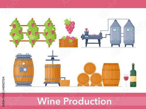 Wine production process in winery factory manufacture set, cartoon processing line
