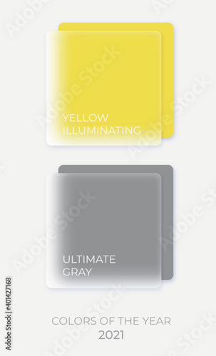 Colors of the year 2021 Yellow Illuminating and ultimate gray in white borders. Glassmorphism effect background. Vector. Frosted glass.