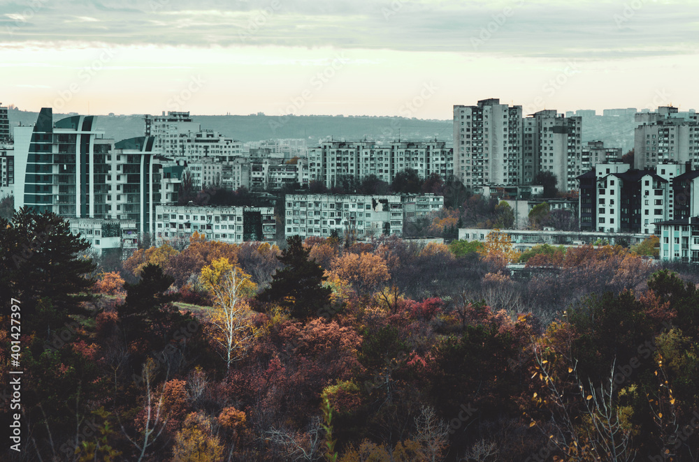 Fototapeta premium Chisinau city skyline at sunset on a cloudy day moody vibe