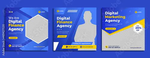 Digital marketing agency social media post template design. Modern blue corporate banner, poster & flyer with abstract geometric background. Online or web business promotion banner with company logo. 