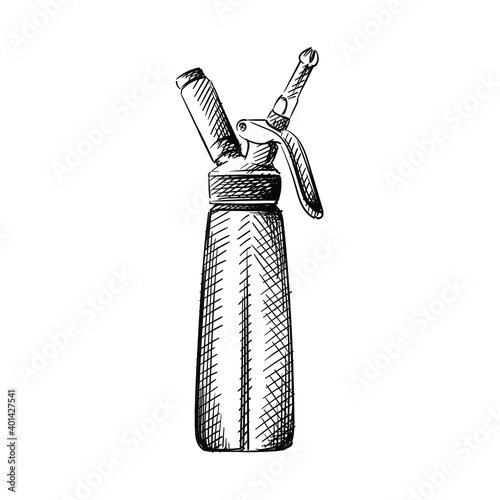 Hand drawn sketch of Cream siphon (dispenser, creamer) on a white background. Black and white sketch of cream dispenser. Bar inventory