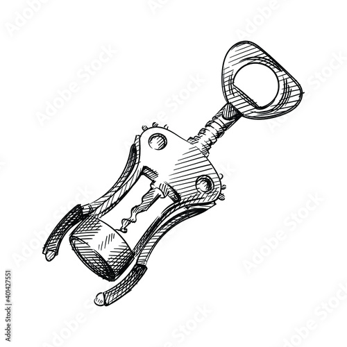 Hand drawn sketch of Corkscrew, sommelier knife on a white background. Black and white sketch of Corkscrew. Bar inventory. Bottle opener