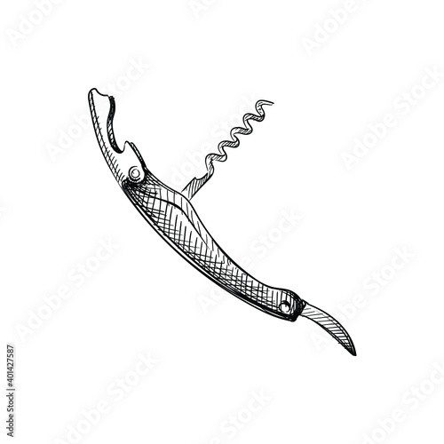 Hand drawn sketch of Corkscrew, sommelier knife on a white background. Black and white sketch of Corkscrew. Bar inventory. Bottle opener