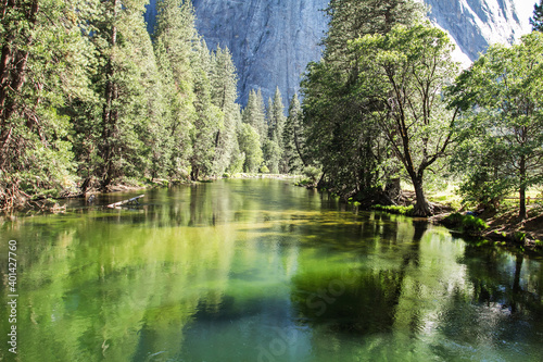 Fototapeta Naklejka Na Ścianę i Meble -  Amazing view of famous Yosemite Valley with rocks and river on a beautiful sunny day with blue sky in summer, Yosemite National Park, California, USA