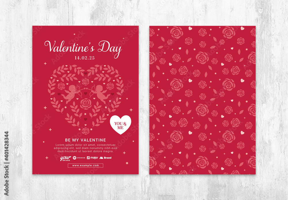 Red Valentines Day Card Layout Invite with Elegant Heart and Floral ...