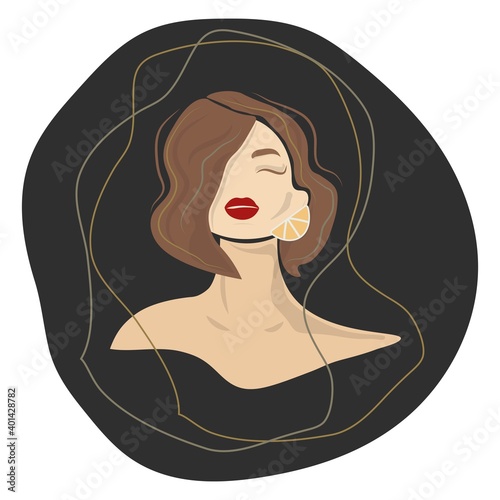 Abstract woman portrait. Cute sensuyal brunette girl. Flat design. Fashion illustration Isolated on a black background.