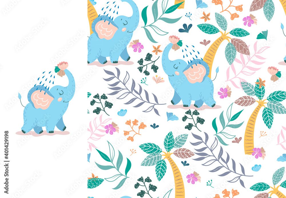 Baby elephant pouring itself water from trunk with floral backdrop. Alphabetical Kids card print template and seamless background pattern. Hand drawn fabric surface design. Two vector illustrations. Baby elephant pouring itself water from trunk with floral backdrop. Alphabetical Kids card print template and seamless background pattern. Hand drawn fabric surface design. Two vector illustrations.