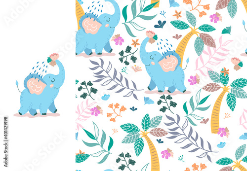 Baby elephant pouring itself water from trunk with floral backdrop. Alphabetical Kids card print template and seamless background pattern. Hand drawn fabric surface design. Two vector illustrations.