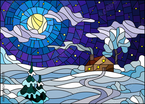 Illustration in vintage style winter landscape, village house and fir-tree on a background of snow, starry night sky and moon