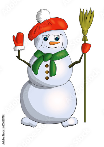 Fabulous Christmas character snowman in beret, mittens and with a broom.