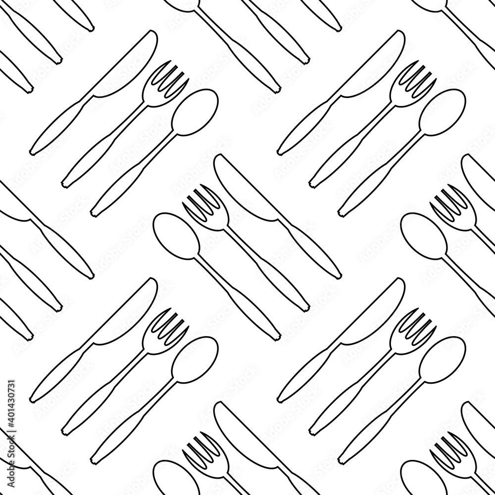 Food Seamless Pattern for Cafe. Fork Spoon Knife Logo Design Isolated on White Background. Food Seamless Pattern for Cafe. Fork Spoon Knife Logo Design Isolated on White Background.