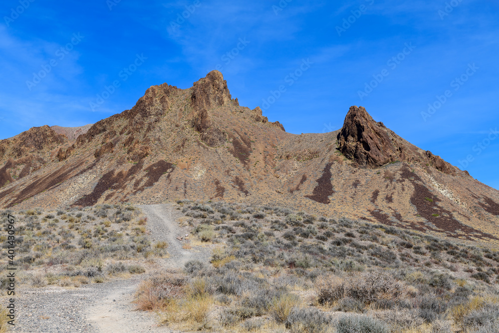 Footpath leading to jagged hills on Titus Canyon Road in Death Valley National Park, California, USA