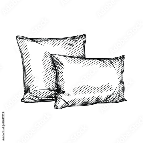 Hand drawn sketch of pillows on a white background. Black and white sketch of two pillows. Going to sleep. Sleeping set
