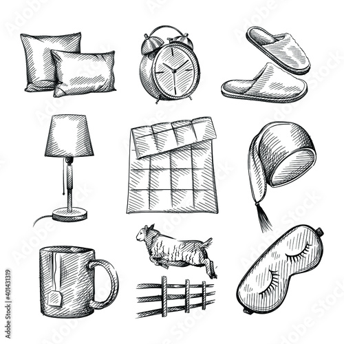 Hand drawn sketch set of bedtime attributes. Pillows, alarm clock, sleeping slippers, bed lamp, blanket, night cap, cup of tea or milk, sheep counting, jumping sheep. Going to sleep. Sleeping set