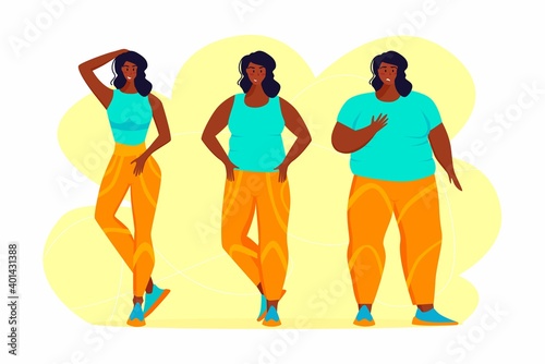 A young african american obese woman doing exercise. A girl working in sweat to get rid of belly fat. Obesity.