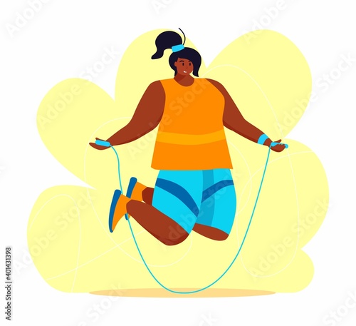 A young african american obese woman doing exercise. A girl working in sweat to get rid of belly fat. Obesity.