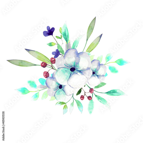 Watercolor illustration. A bouquet of blue flowers and mint greens. Bouquet of elements of flora in pastel colors